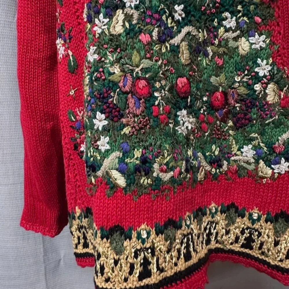 Red Christmas Tree Sweater Tunic, Embroidered, Tiara International Size L - Picture 3 of 13